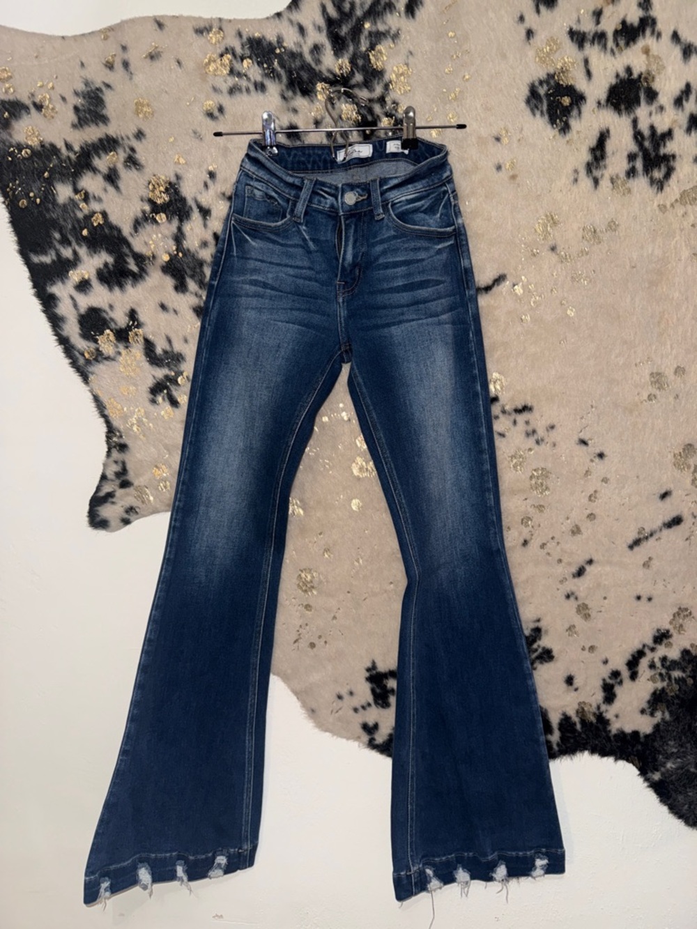 KanCan Dark Blue High-Rise Flare Jeans with Frayed Hem